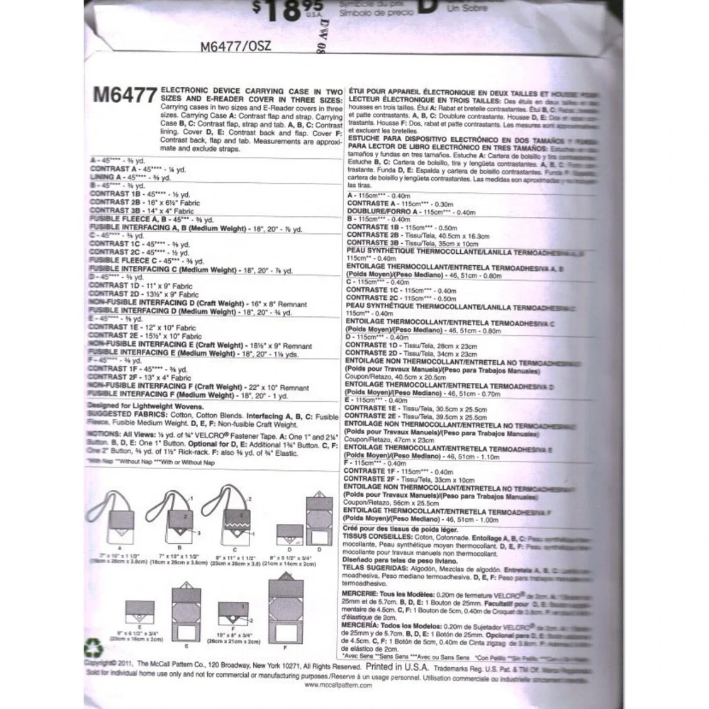 McCall's M6477 Electronic Device Carrying Case E-Reader Cover Sewing Pattern OSZ